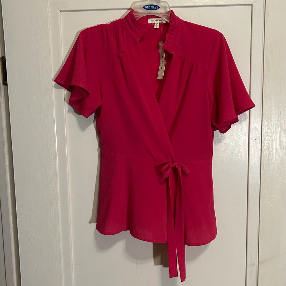 Monteau Pink Short Flutter Sleeve Faux Wrap Top with Mandarin Collar women’s siz